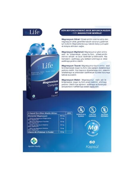 TOLİFE APOTEK MAGNESİUM COMPLEX (BİSGLİSİNAT-SİTRAT-TAURAT-MALAT) VE B6 (P5P) 60 KAPSÜL