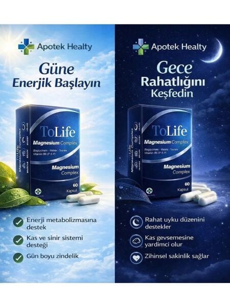 TOLİFE APOTEK MAGNESİUM COMPLEX (BİSGLİSİNAT-SİTRAT-TAURAT-MALAT) VE B6 (P5P) 60 KAPSÜL