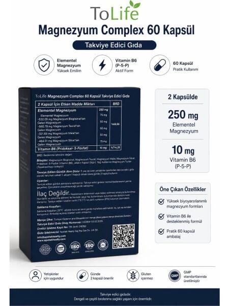 TOLİFE APOTEK MAGNESİUM COMPLEX (BİSGLİSİNAT-SİTRAT-TAURAT-MALAT) VE B6 (P5P) 60 KAPSÜL