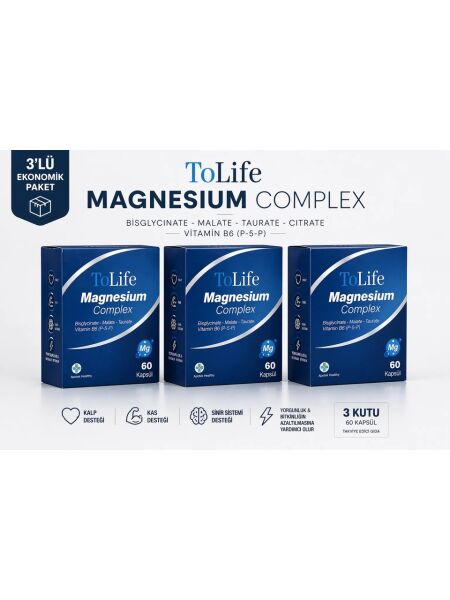 TOLİFE APOTEK MAGNESİUM COMPLEX (BİSGLİSİNAT-SİTRAT-TAURAT-MALAT) VE B6 (P5P) 60 KAPSÜL (3 LÜ PAKET)