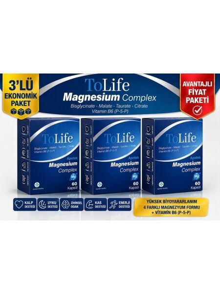 TOLİFE APOTEK MAGNESİUM COMPLEX (BİSGLİSİNAT-SİTRAT-TAURAT-MALAT) VE B6 (P5P) 60 KAPSÜL (3 LÜ PAKET)