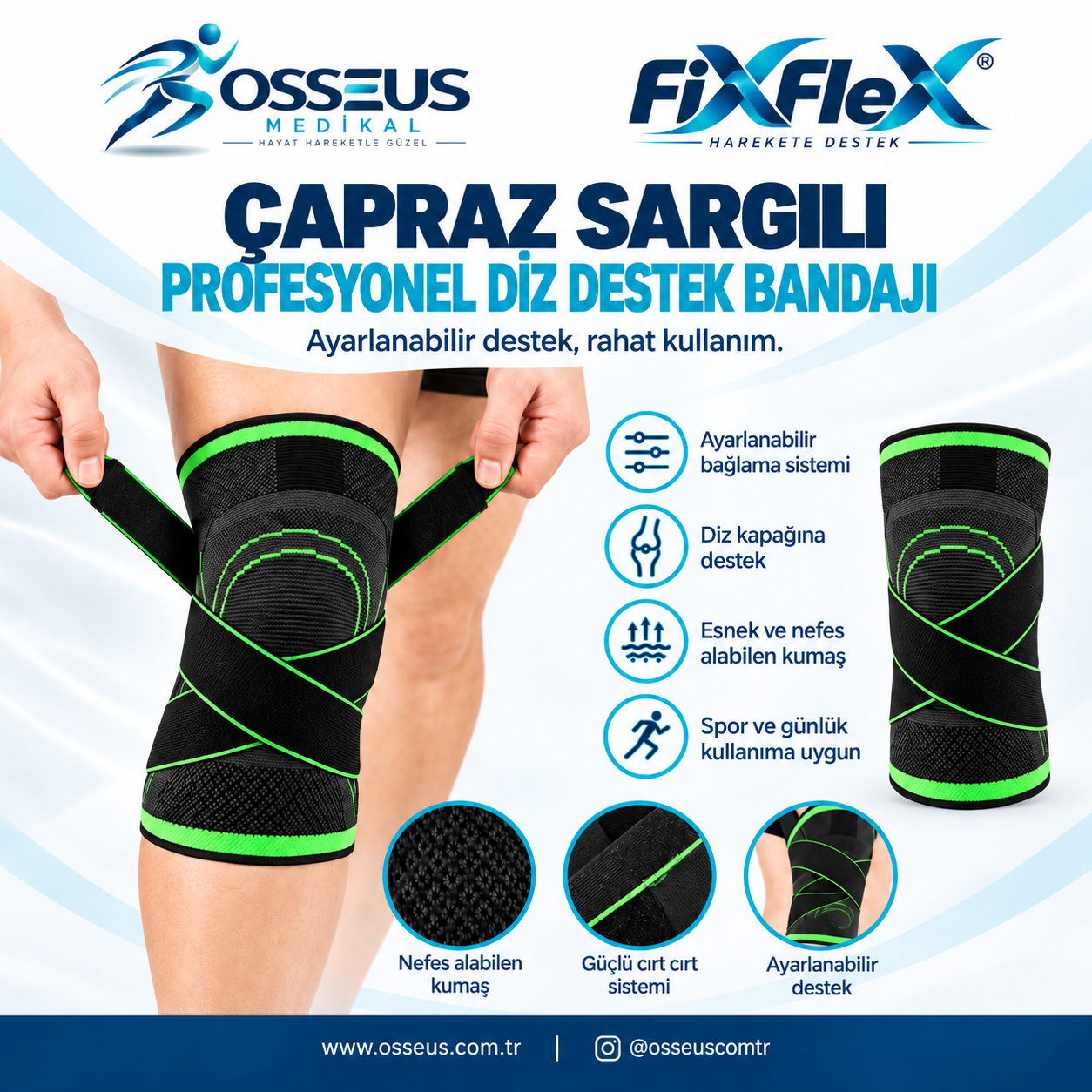 FixFlex Çapraz Sargılı Profesyonel Diz Destek Bandajı Spor Kullanımına Uygun Standart Dizlik