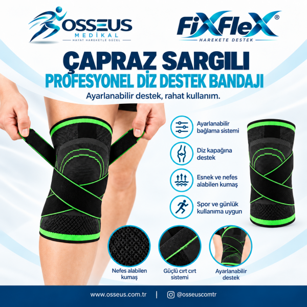 FixFlex Çapraz Sargılı Profesyonel Diz Destek Bandajı Spor Kullanımına Uygun Standart Dizlik