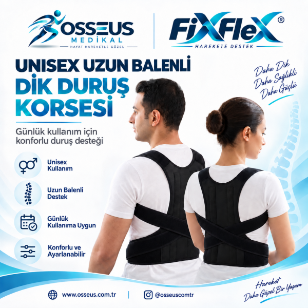 FixFlex Unisex Uzun Balenli Dik Duruş Korsesi - Kamburluk Önleyici Sırt Korsesi (Standart)