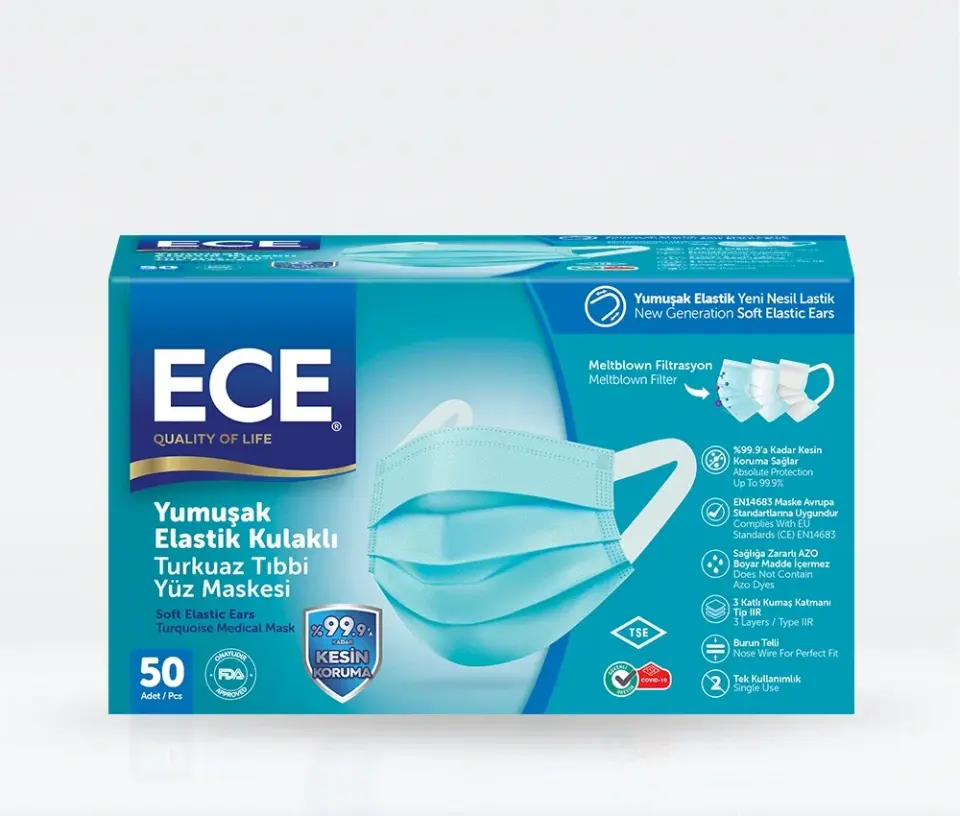 Ece 4 Katlı (Meltblown) Maske Yumuşak Elastik Yeni Nesil Lastikli (50 li) Turkuaz
