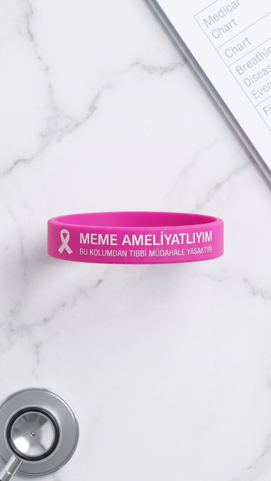 FixFlex Silikon Meme Kanseri Farkındalık Bilekliği - Lenf Ödem Bilekliği - Uyarı Bilekliği