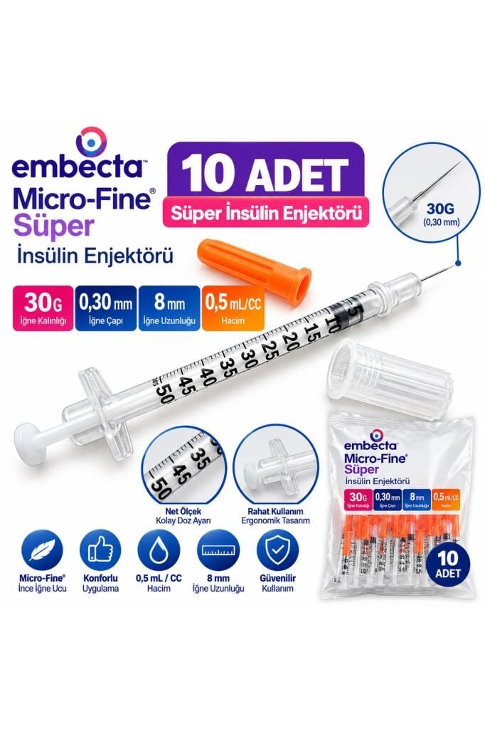 Enjektör 3 Parça Micro-Fine 30G 0,30 mm x 8 mm 0,5 mL 10 Adet