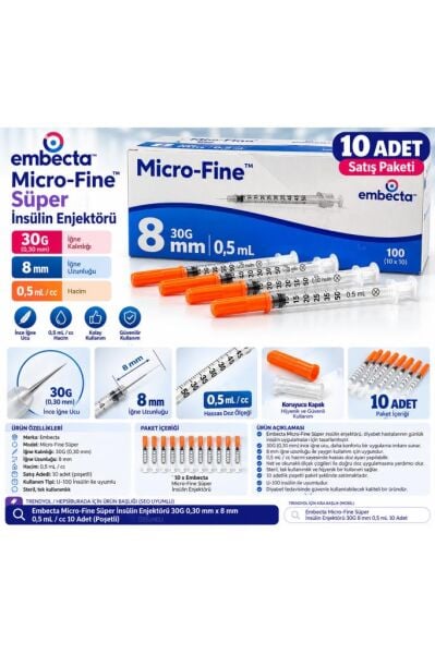 Enjektör 3 Parça Micro-Fine 30G 0,30 mm x 8 mm 0,5 mL 10 Adet