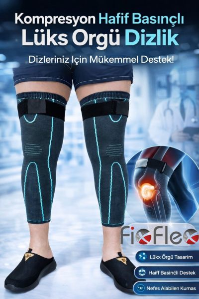 FixFlex Kompresyon Destekli Kaymaz Ağrı Azaltıcı Diz Koruyucu Sıcak Tutan Dizlik Lüks Örgü (Gri/Turuncu) (1 Adet) XL