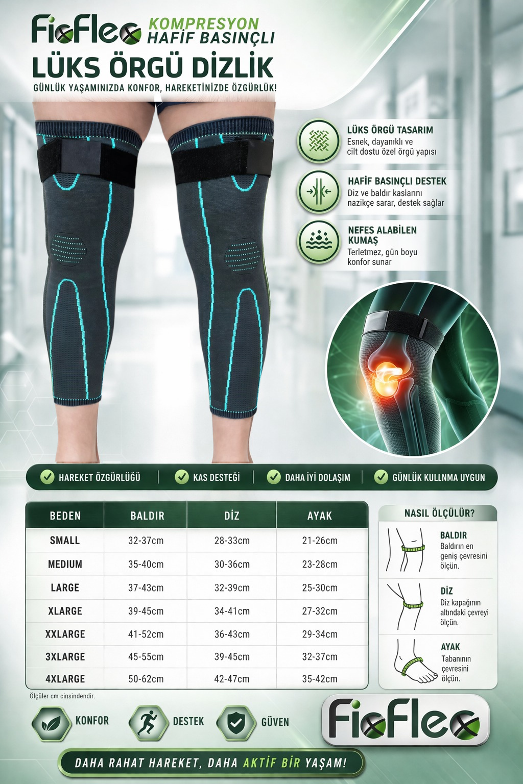 FixFlex Kompresyon Destekli Kaymaz Ağrı Azaltıcı Diz Koruyucu Sıcak Tutan Dizlik Lüks Örgü (Gri/Mavi) (1 Adet) 3XL